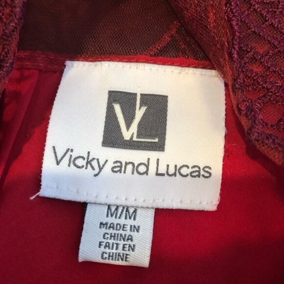 Vicky and Lucas red maroon embroidered floral overlay dress size Medium - Picture 7 of 15